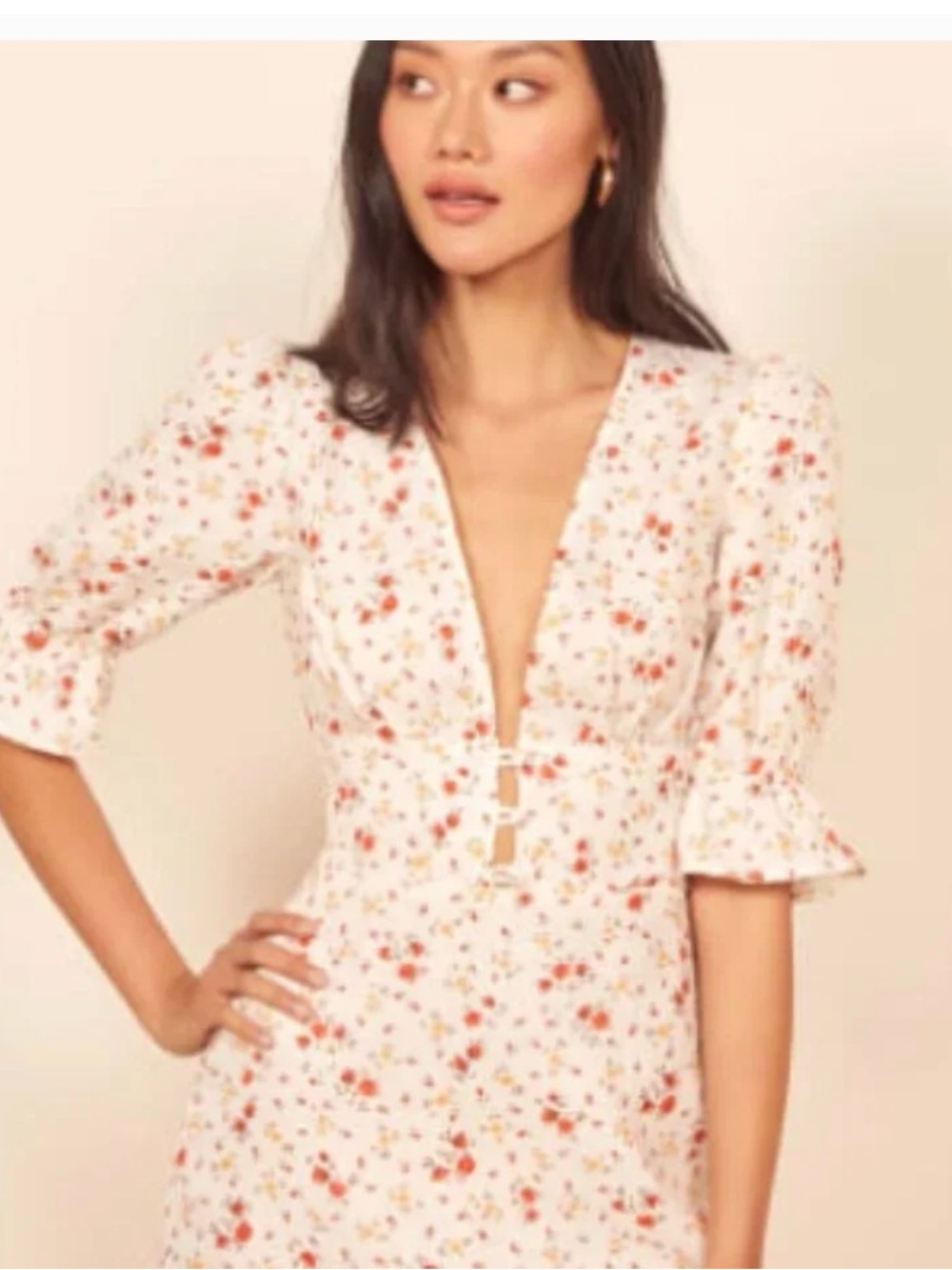 Reformation Floral V-Neck Mini Dress in Cream and Red